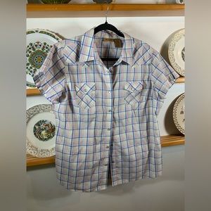 Wrangler Shirt Women’s Large Plaid Pearl Snap Button Up Short Sleeves Pockets